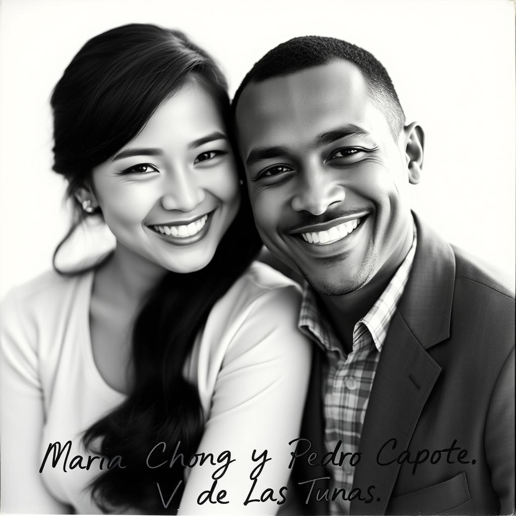 A black and white photo showcasing a young Chinese woman and her African American husband posing together with bright smiles