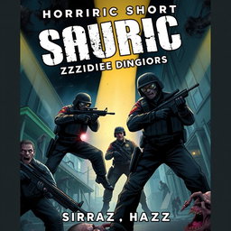 A gripping book cover illustration for 'Horrific Shorts: Zombie Edition 6' by Sir Faraz, showcasing the brave officers of the Zombie Eradication Tactical Unit (ZETU) in a zombie-infested neighborhood