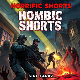 A gripping book cover illustration for 'Horrific Shorts: Zombie Edition 6' by Sir Faraz, showcasing the brave officers of the Zombie Eradication Tactical Unit (ZETU) in a zombie-infested neighborhood