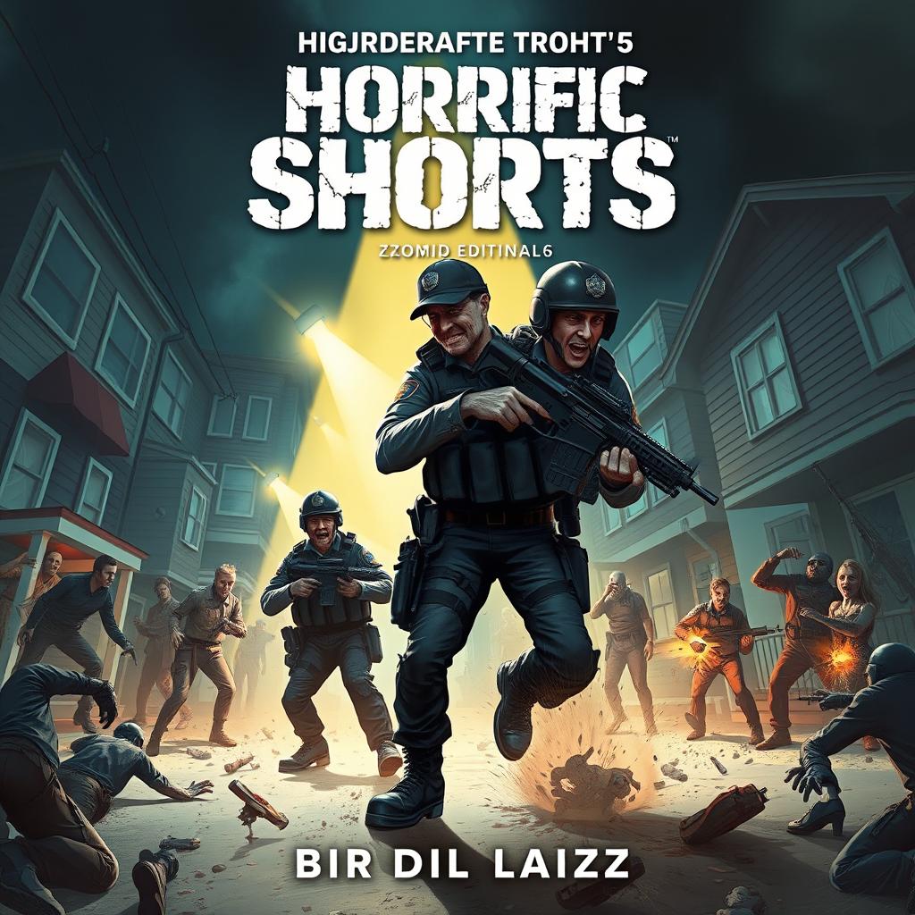 A gripping book cover illustration for 'Horrific Shorts: Zombie Edition 6' by Sir Faraz, showcasing the brave officers of the Zombie Eradication Tactical Unit (ZETU) in a zombie-infested neighborhood