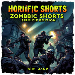A gripping book cover illustration for 'Horrific Shorts: Zombie Edition 6' by Sir Faraz, showcasing the brave officers of the Zombie Eradication Tactical Unit (ZETU) in a zombie-infested neighborhood