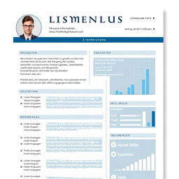 A detailed and visually appealing Lebenslauf (curriculum vitae) layout, featuring sections for personal information, education, work experience, skills, and references