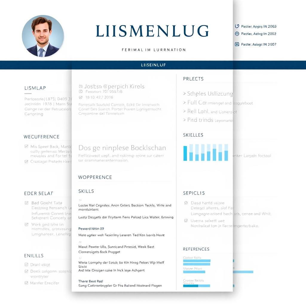 A detailed and visually appealing Lebenslauf (curriculum vitae) layout, featuring sections for personal information, education, work experience, skills, and references