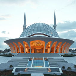 A majestic and grand modern mosque designed with bionic and futuristic architectural elements situated on a hill