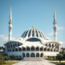 A majestic and grand modern mosque designed with bionic and futuristic architectural elements situated on a hill
