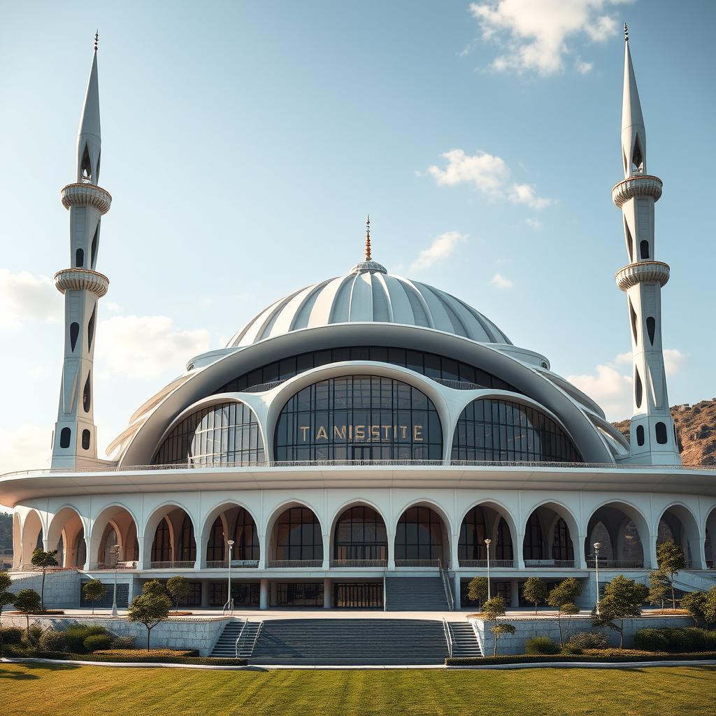 A majestic and grand modern mosque designed with bionic and futuristic architectural elements situated on a hill
