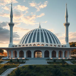 A majestic and grand modern mosque designed with bionic and futuristic architectural elements situated on a hill