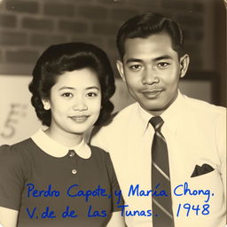 A black and white photograph capturing a young Chinese woman and her Black Afro-descendant husband posing together in 1948