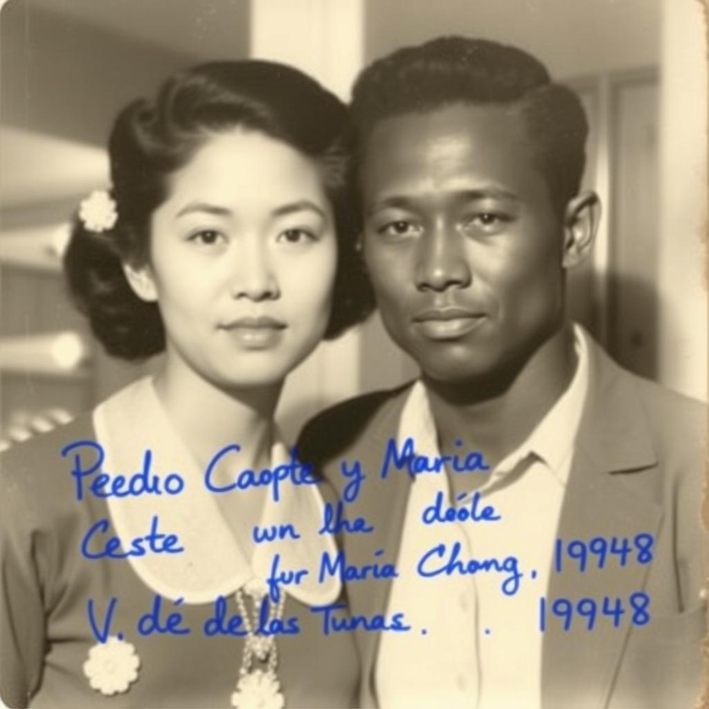 A black and white photograph capturing a young Chinese woman and her Black Afro-descendant husband posing together in 1948