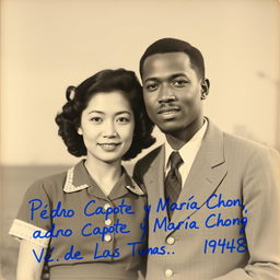 A black and white photograph capturing a young Chinese woman and her Black Afro-descendant husband posing together in 1948