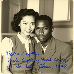 A black and white photograph capturing a young Chinese woman and her Black Afro-descendant husband posing together in 1948