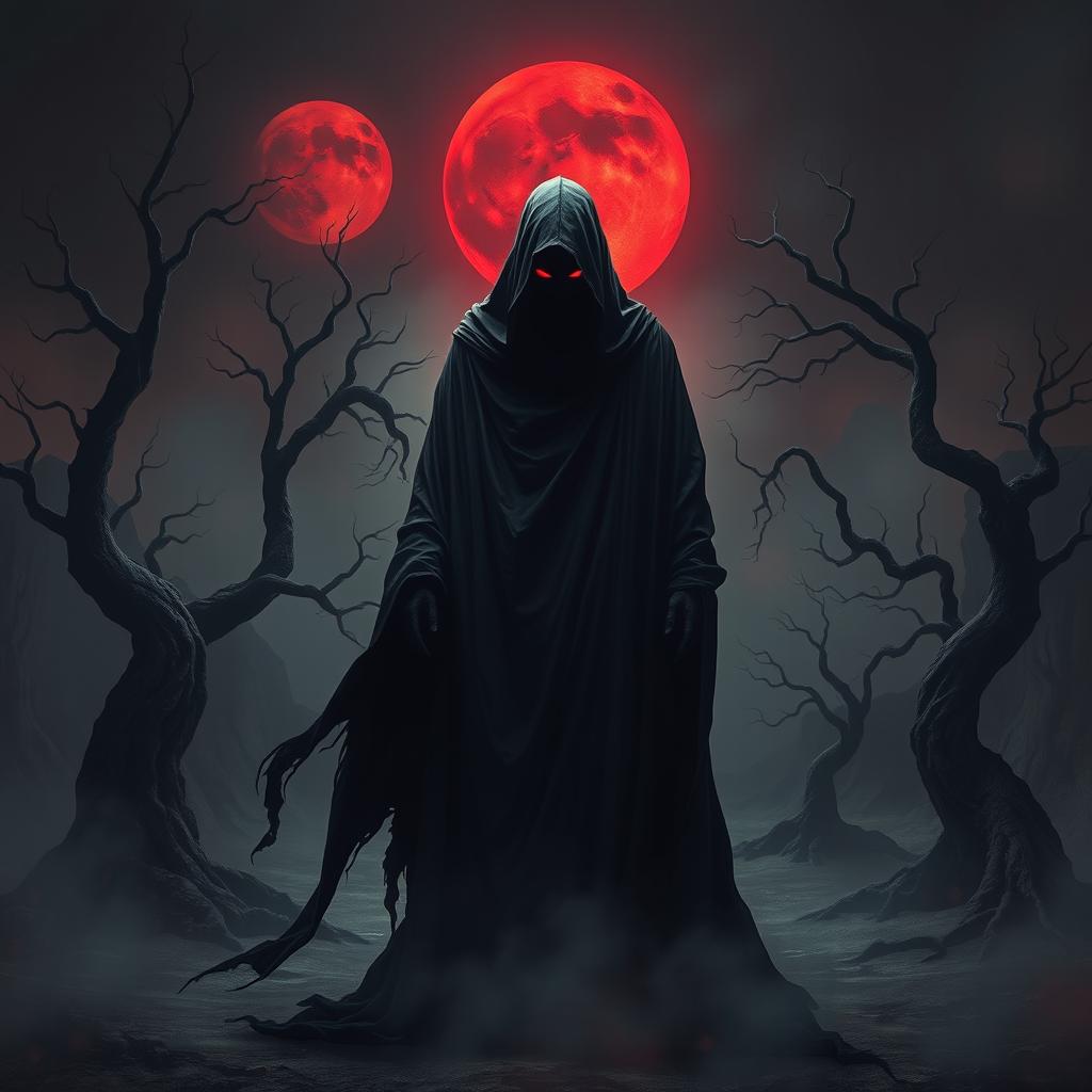 A dark and mysterious figure representing the embodiment of evil, shrouded in a flowing black cloak, with glowing red eyes piercing through the shadows