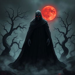 A dark and mysterious figure representing the embodiment of evil, shrouded in a flowing black cloak, with glowing red eyes piercing through the shadows