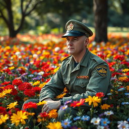 A soldier in a military uniform sitting peacefully among beautiful flowers