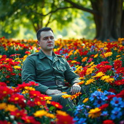 A soldier in a military uniform sitting peacefully among beautiful flowers
