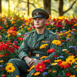 A soldier in a military uniform sitting peacefully among beautiful flowers
