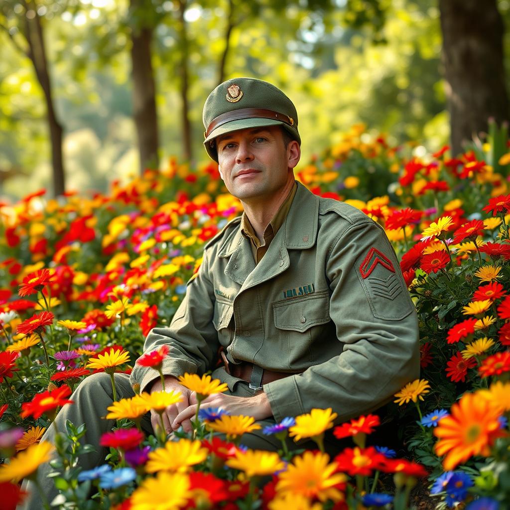 A soldier in a military uniform sitting peacefully among beautiful flowers