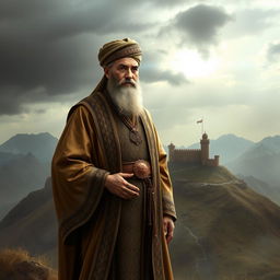 A historical depiction of Hassan al-Sabbah, the famous founder of the Nizari Ismaili state, standing in a dramatic, mountainous landscape representing Alamut Castle