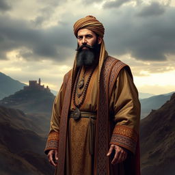 A historical depiction of Hassan al-Sabbah, the famous founder of the Nizari Ismaili state, standing in a dramatic, mountainous landscape representing Alamut Castle