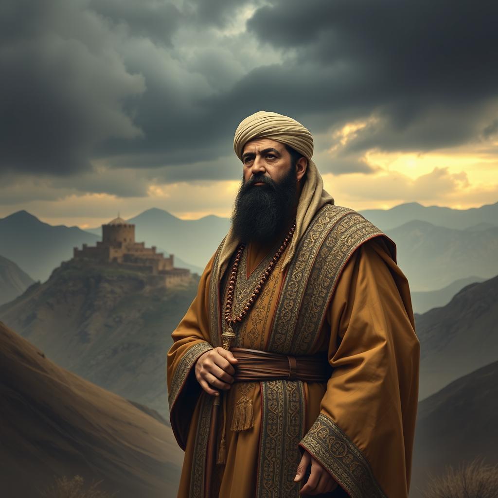 A historical depiction of Hassan al-Sabbah, the famous founder of the Nizari Ismaili state, standing in a dramatic, mountainous landscape representing Alamut Castle