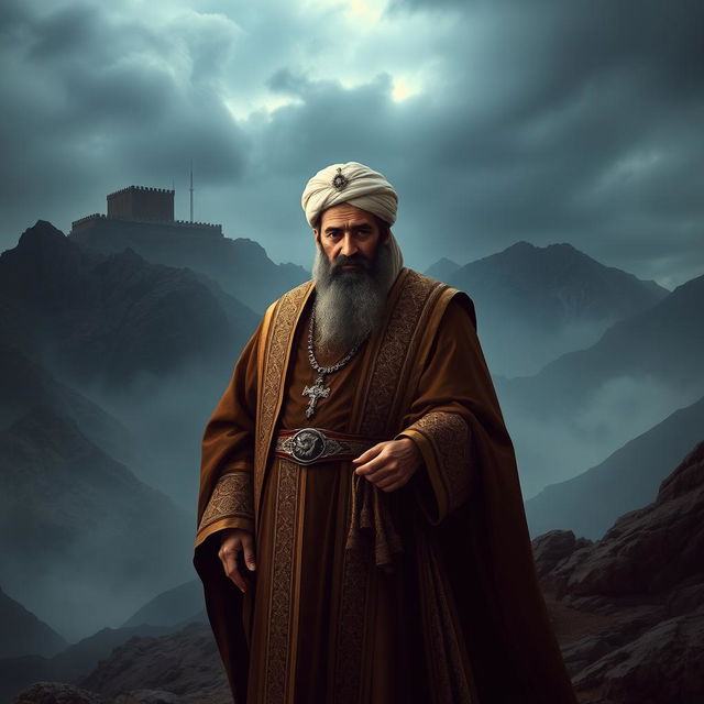 A historical depiction of Hassan al-Sabbah, the famous founder of the Nizari Ismaili state, standing in a dramatic, mountainous landscape representing Alamut Castle