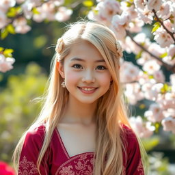 A portrait of a beautiful Asian girl with long, flowing blonde hair, adorned with delicate floral hairpins