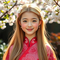 A portrait of a beautiful Asian girl with long, flowing blonde hair, adorned with delicate floral hairpins