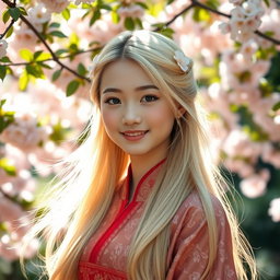 A portrait of a beautiful Asian girl with long, flowing blonde hair, adorned with delicate floral hairpins