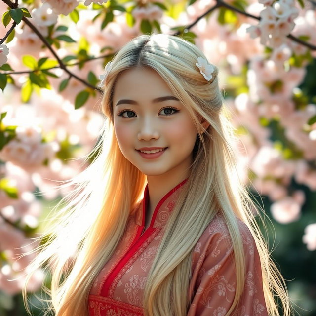 A portrait of a beautiful Asian girl with long, flowing blonde hair, adorned with delicate floral hairpins