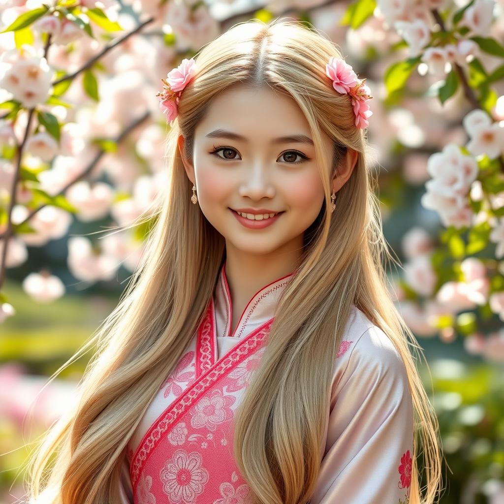A portrait of a beautiful Asian girl with long, flowing blonde hair, adorned with delicate floral hairpins