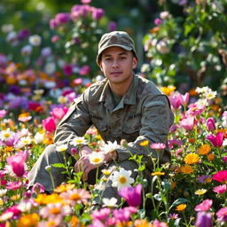 A soldier in a military uniform sitting gracefully amongst a variety of blooming flowers
