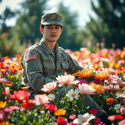 A soldier in a military uniform sitting gracefully amongst a variety of blooming flowers