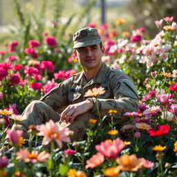 A soldier in a military uniform sitting gracefully amongst a variety of blooming flowers