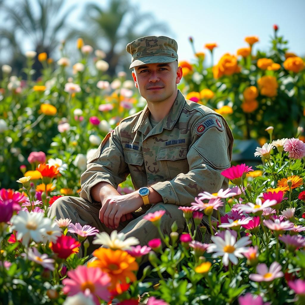 A soldier in a military uniform sitting gracefully amongst a variety of blooming flowers