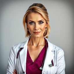 A stunning 50-year-old woman, dressed in a professional doctor’s outfit, stands confidently facing the camera