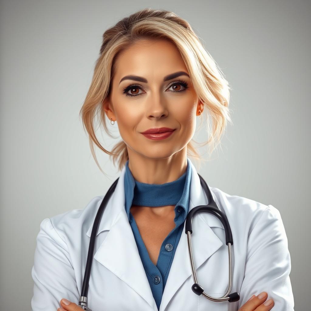 A stunning 50-year-old woman, dressed in a professional doctor’s outfit, stands confidently facing the camera