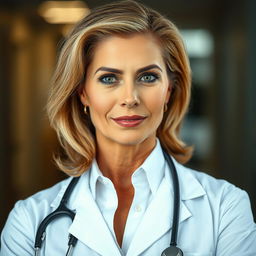 A stunning 50-year-old woman, dressed in a professional doctor’s outfit, stands confidently facing the camera