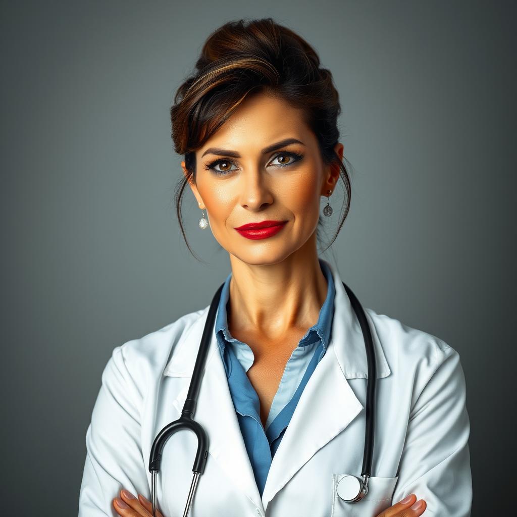 A beautiful 50-year-old woman, dressed in a professional doctor's attire, stands confidently facing the camera