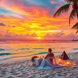 A stunning tropical beach at sunset, with crystal-clear turquoise waters gently lapping at the shore