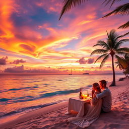 A stunning tropical beach at sunset, with crystal-clear turquoise waters gently lapping at the shore