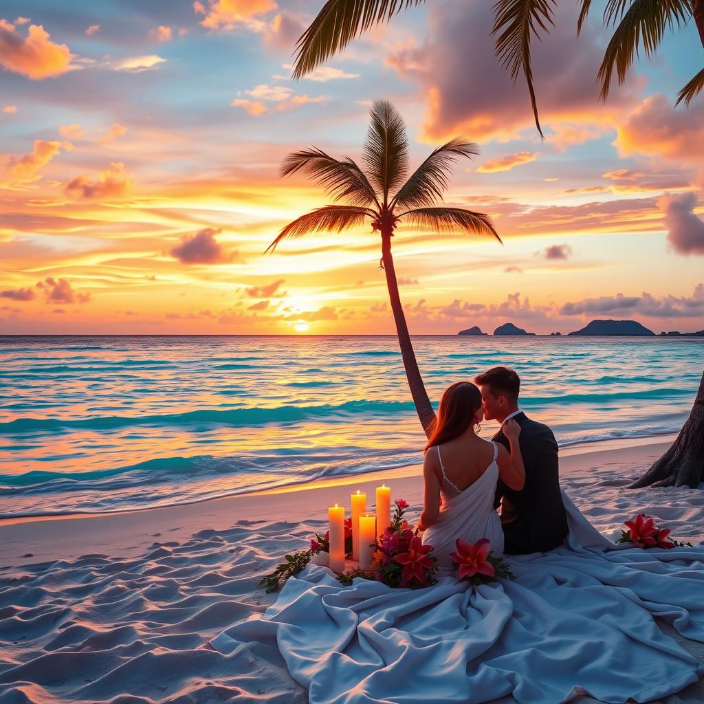 A stunning tropical beach at sunset, with crystal-clear turquoise waters gently lapping at the shore