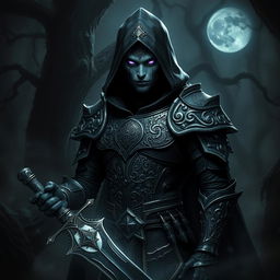 A mystical Shadar-kai warrior standing in a shadowy forest, shrouded in darkness