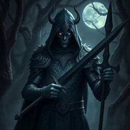 A mystical Shadar-kai warrior standing in a shadowy forest, shrouded in darkness