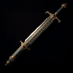 An ornately crafted Zulfaghar sword, featuring intricate geometric patterns and gold inlays along the blade