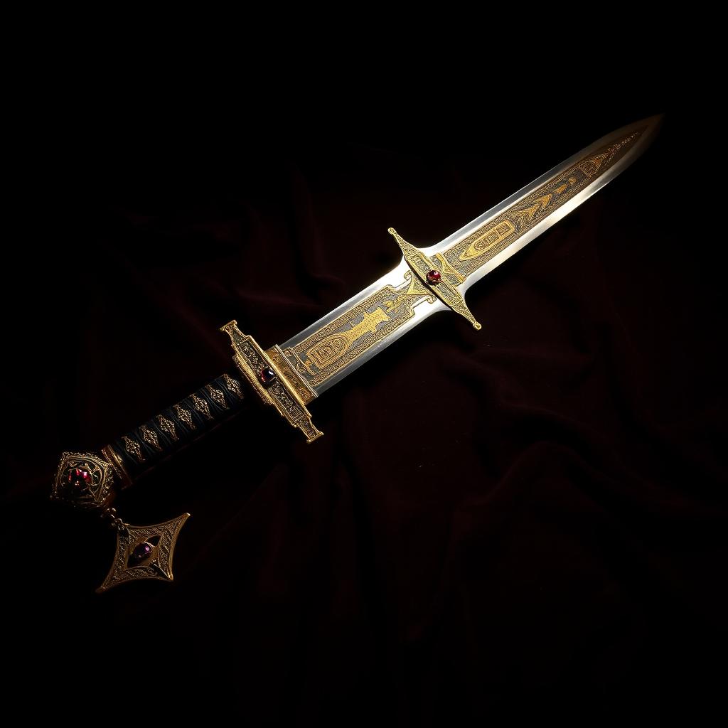 An ornately crafted Zulfaghar sword, featuring intricate geometric patterns and gold inlays along the blade