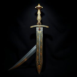 An ornately crafted Zulfaghar sword, featuring intricate geometric patterns and gold inlays along the blade