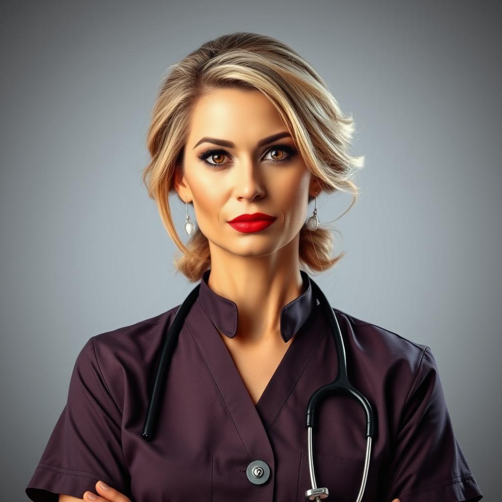A beautiful 50-year-old woman, dressed in a professional doctor's uniform, stands confidently facing the camera