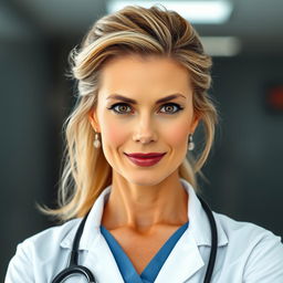 A beautiful 50-year-old woman, dressed in a professional doctor's uniform, stands confidently facing the camera
