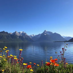 A serene landscape depicting a tranquil lake surrounded by majestic mountains under a clear blue sky