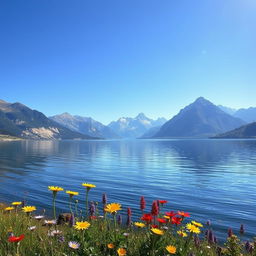 A serene landscape depicting a tranquil lake surrounded by majestic mountains under a clear blue sky